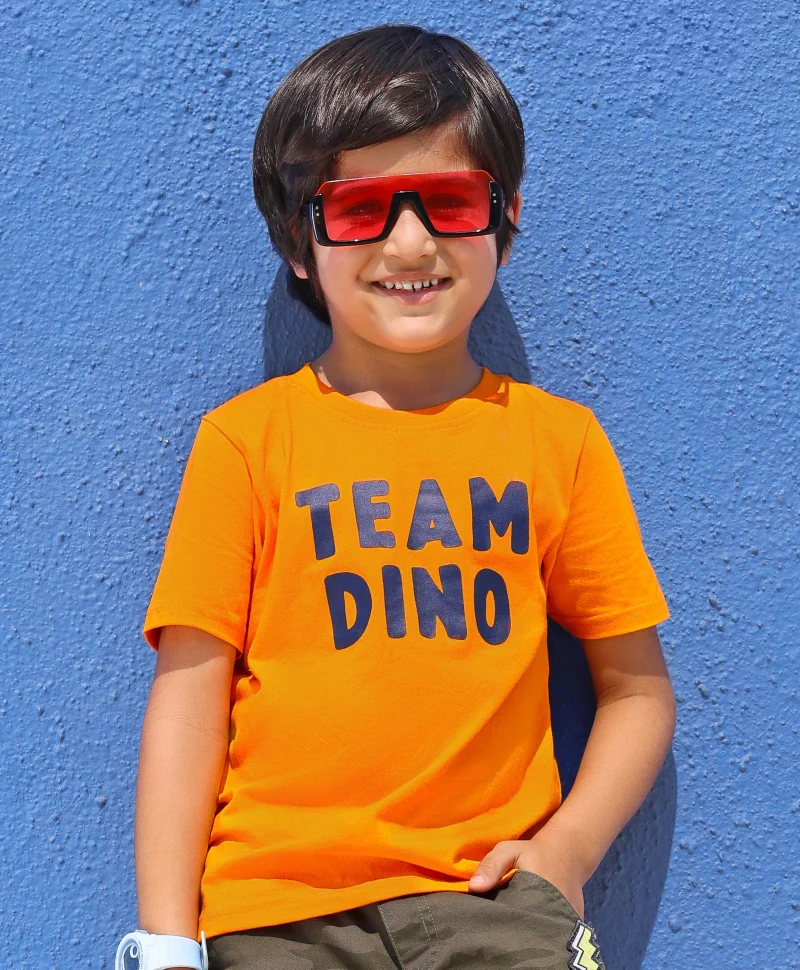 babyhug Babyhug Cotton Knit Half Sleeves Striped T-Shirt Dino & Text Print Pack of 3 - Orange Navy Blue