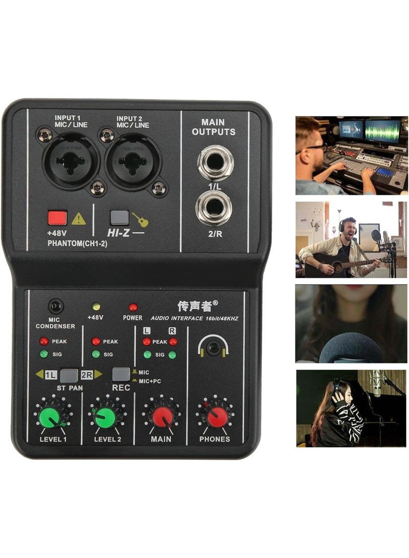 Sorandy Mini 2 Channels Audio Line Mixer USB 48V Compact Sound Mixing Console for Small Clubs Bars As Guitars Bass Keyboards Mixer for Studio Music Recording Home Internet Karaoke - Image 2