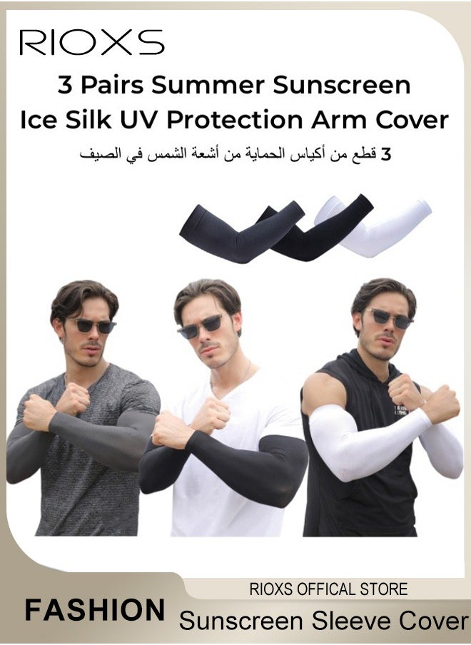 RIOXS 3 Pairs Summer Sunscreen Sleeve Cover Ice Silk UV Protection Arm Cover Cooling Compression Arm Cover for Mens and Womens Sports Gloves Arm Cover Sleeve  - Image 1