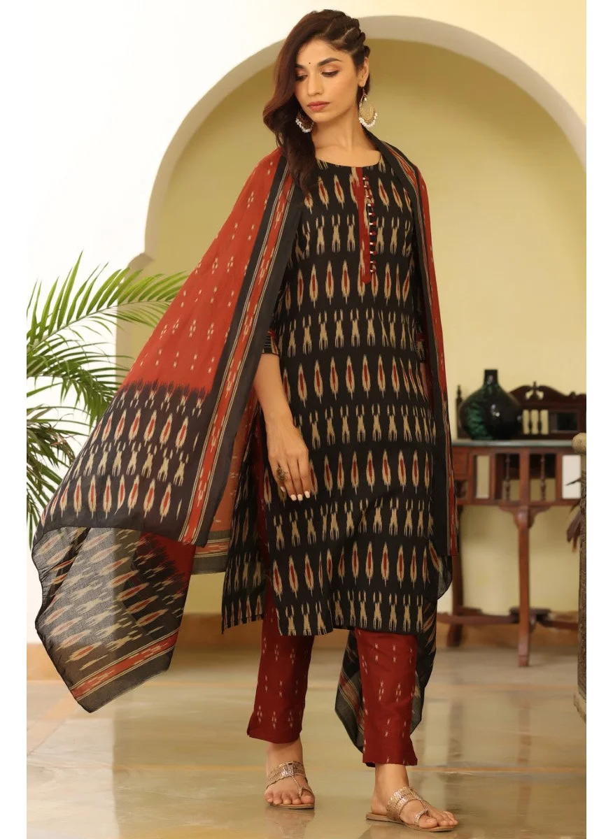 زيري سوق Black Rayon Blend Ethnic Motifs Printed Panelled Suit Set