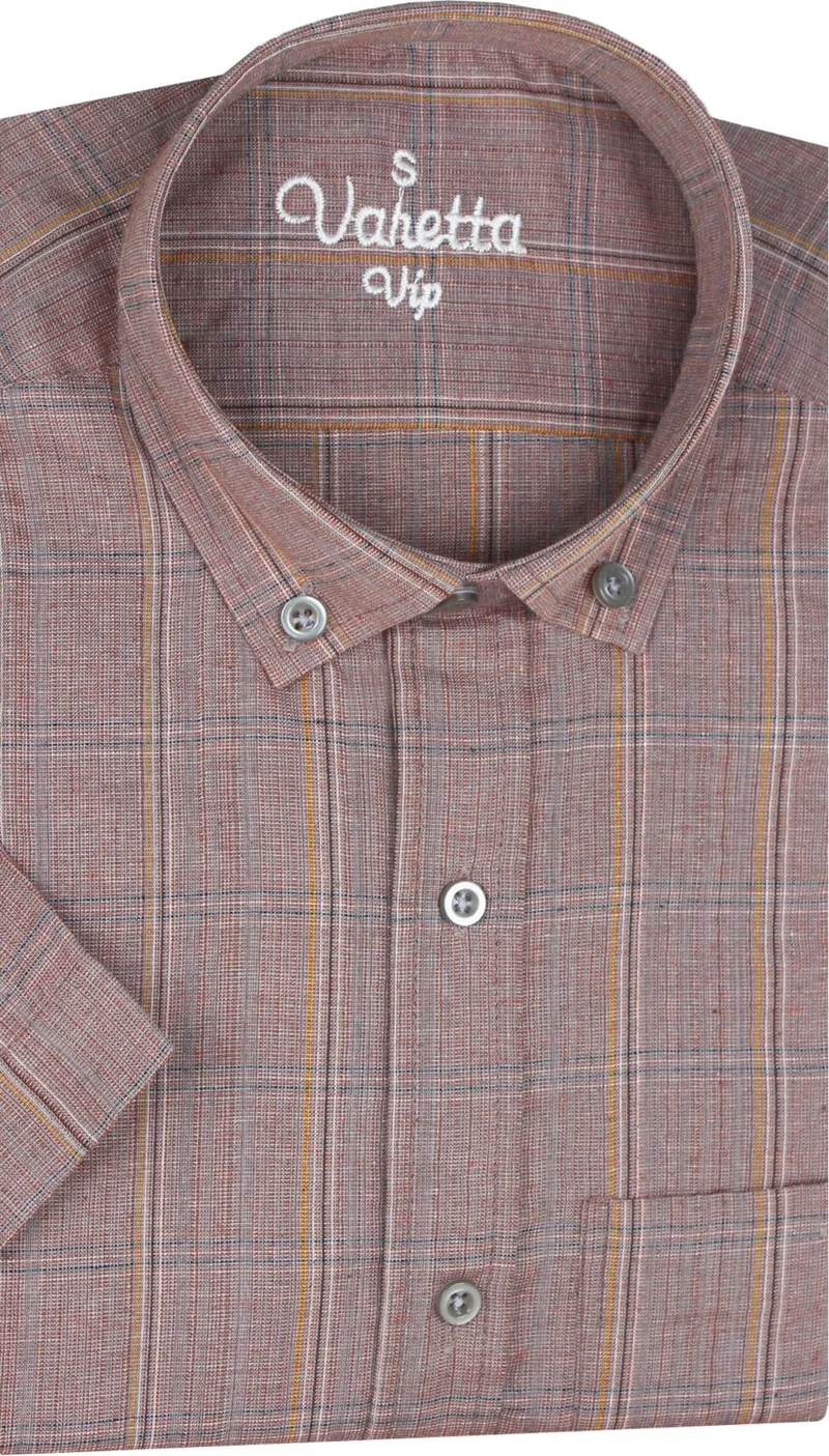 Varetta Men's Hazelnut Shell Color Short Sleeve Checked Pocket Cotton Shirt