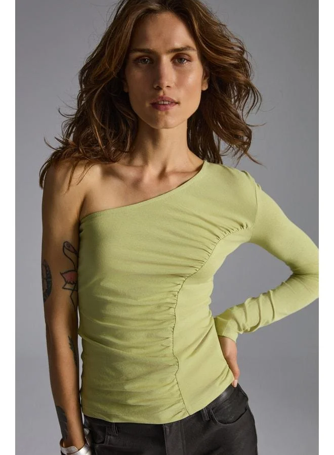 Ethiquet VIYOL Women's Organic Cotton elastane One-Shoulder Ruffled Green Blouse.