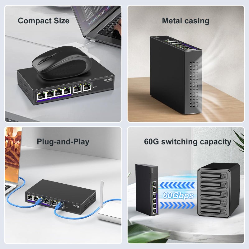 NICGIGA 10Gbe Ethernet Switch Unmanaged with 2 x 10Gb RJ45 Ports âž• 4 x 2.5Gb Base-T Ports, Desktop/Wall Mount NICGIGA 6 Port 10Gbps Network Switch for Wireless AP, NAS, PC - Image 5