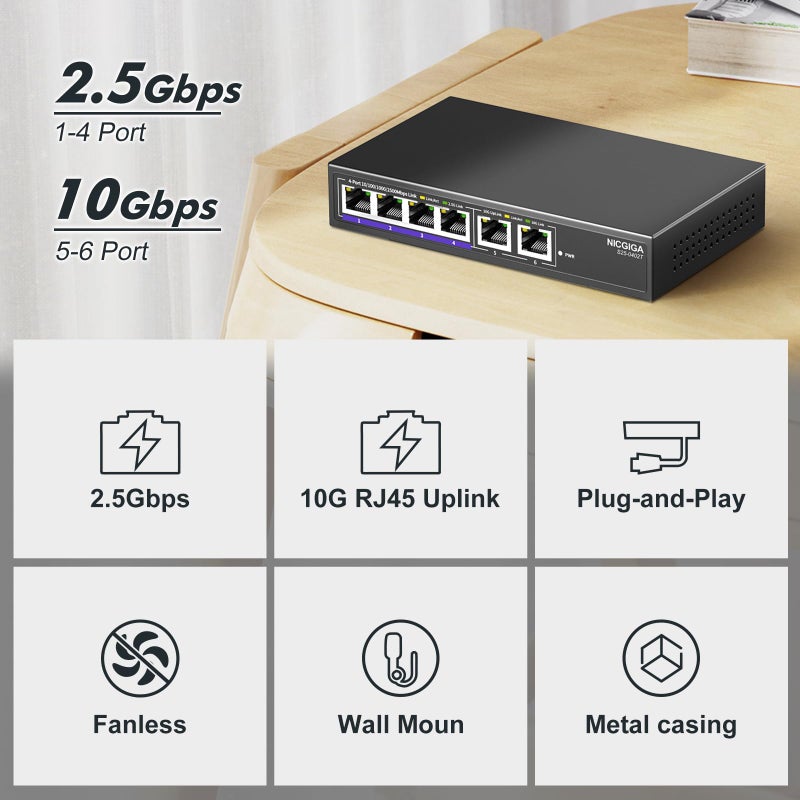 NICGIGA 10Gbe Ethernet Switch Unmanaged with 2 x 10Gb RJ45 Ports âž• 4 x 2.5Gb Base-T Ports, Desktop/Wall Mount NICGIGA 6 Port 10Gbps Network Switch for Wireless AP, NAS, PC - Image 4
