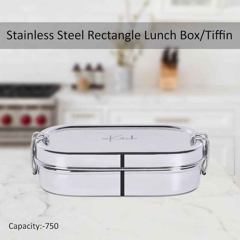 inKitch Stainless Steel Tiffin Box for Kids Stainless Steel Lunch Box for Kids Office Rectangle Lunch BoxTiffin with Inner Box and Locking Clip 750ML Silver - Image 2