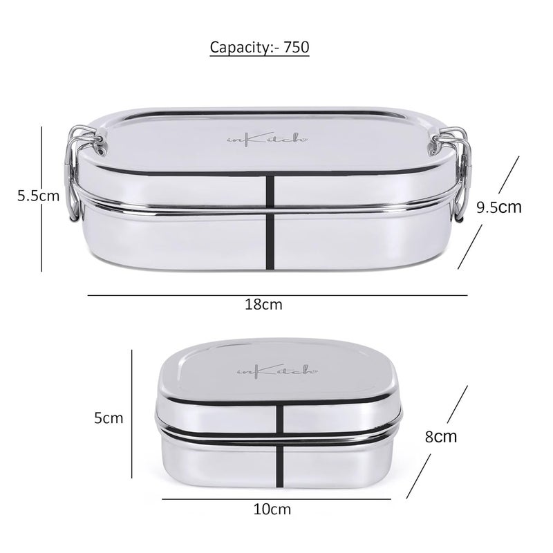 inKitch Stainless Steel Tiffin Box for Kids Stainless Steel Lunch Box for Kids Office Rectangle Lunch BoxTiffin with Inner Box and Locking Clip 750ML Silver - Image 3