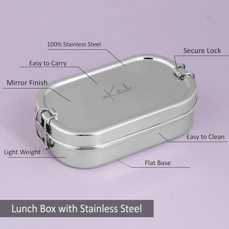 inKitch Stainless Steel Tiffin Box for Kids Stainless Steel Lunch Box for Kids Office Rectangle Lunch BoxTiffin with Inner Box and Locking Clip 750ML Silver - Image 5