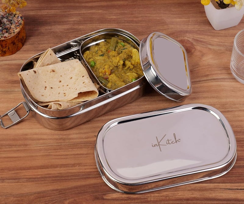 inKitch Stainless Steel Tiffin Box for Kids Stainless Steel Lunch Box for Kids Office Rectangle Lunch BoxTiffin with Inner Box and Locking Clip 750ML Silver - Image 1