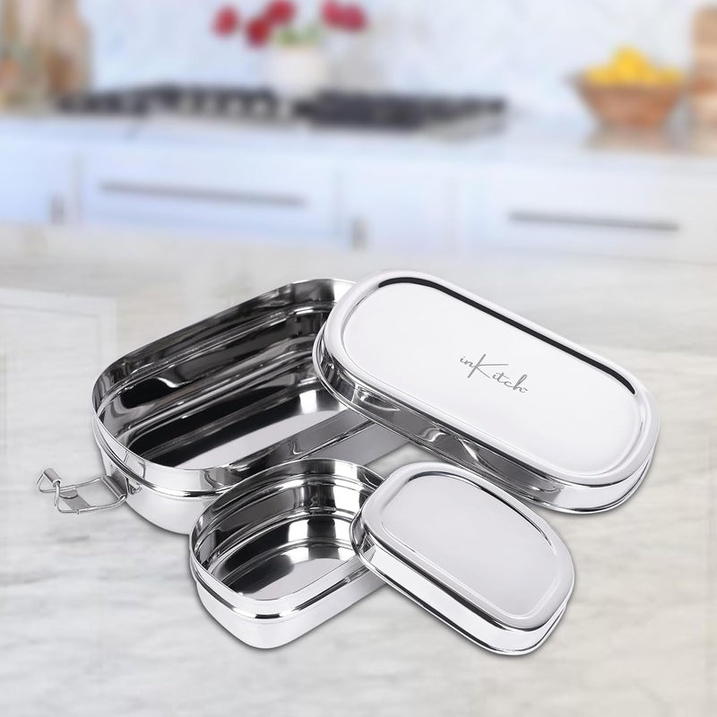 inKitch Stainless Steel Tiffin Box for Kids Stainless Steel Lunch Box for Kids Office Rectangle Lunch BoxTiffin with Inner Box and Locking Clip 750ML Silver - Image 4