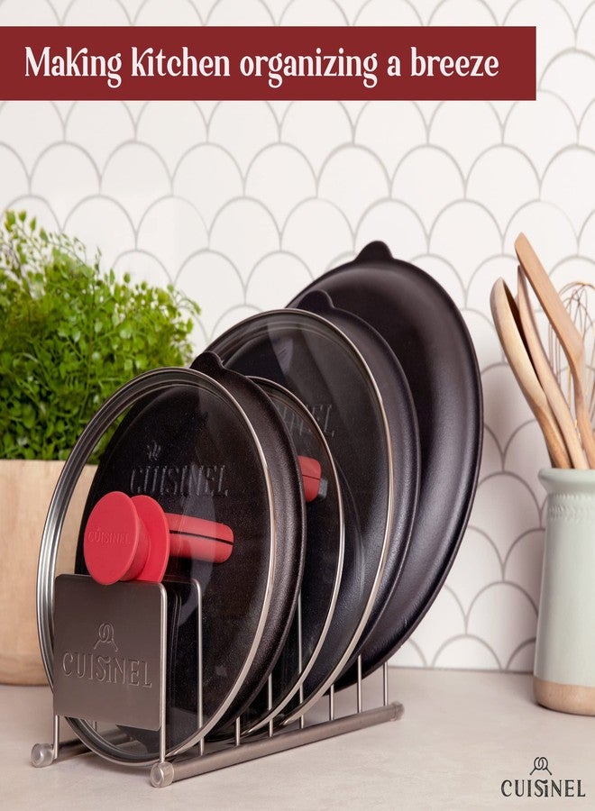 Cuisinel رف تنظيم أغطية الأطباق والأكواب من كويزينيل - حامل تخزين مطبخ فضي من النيكل المصقول - حامل أطباق، أغطية أواني/مقالي، لوح تقطيع، وفاصل صينية بسكويت - 7 طبقات للعرض في الخزانة/السطح - Image 5