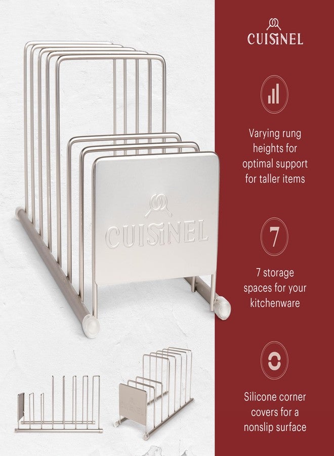 Cuisinel رف تنظيم أغطية الأطباق والأكواب من كويزينيل - حامل تخزين مطبخ فضي من النيكل المصقول - حامل أطباق، أغطية أواني/مقالي، لوح تقطيع، وفاصل صينية بسكويت - 7 طبقات للعرض في الخزانة/السطح - Image 2