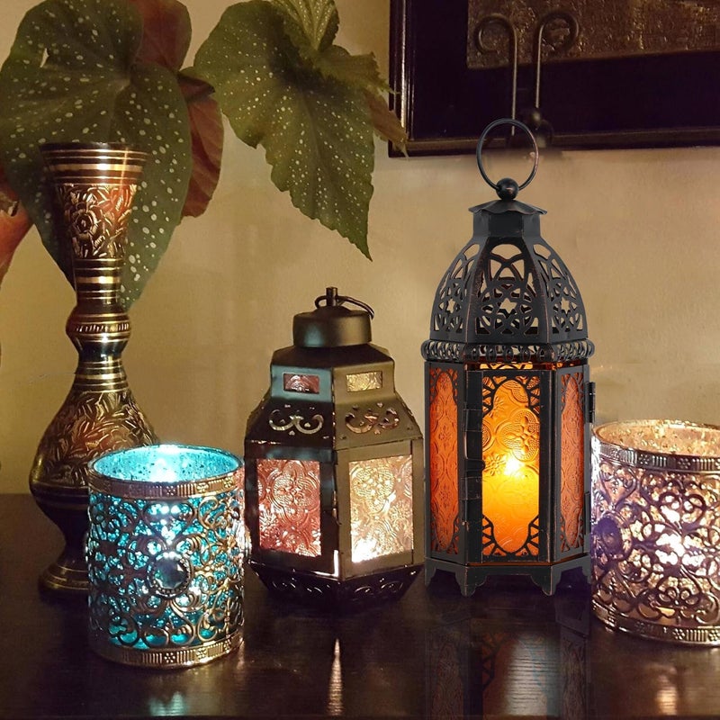 DECORKEY Moroccan Lanterns Decorative Indoor & Outdoor, 11â€™â€™ Medium Size Vintage Metal Hanging&Tabletop Candle Holder Decor, Halloween Christmas Ramadan Decorations for Home Porch Patio (Amber) - Image 4