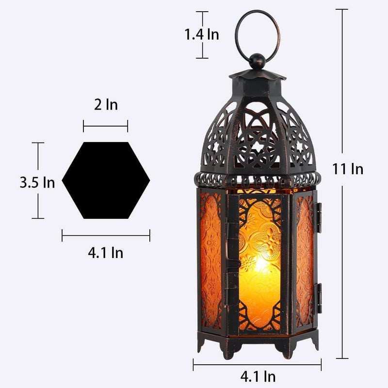 DECORKEY Moroccan Lanterns Decorative Indoor & Outdoor, 11â€™â€™ Medium Size Vintage Metal Hanging&Tabletop Candle Holder Decor, Halloween Christmas Ramadan Decorations for Home Porch Patio (Amber) - Image 5