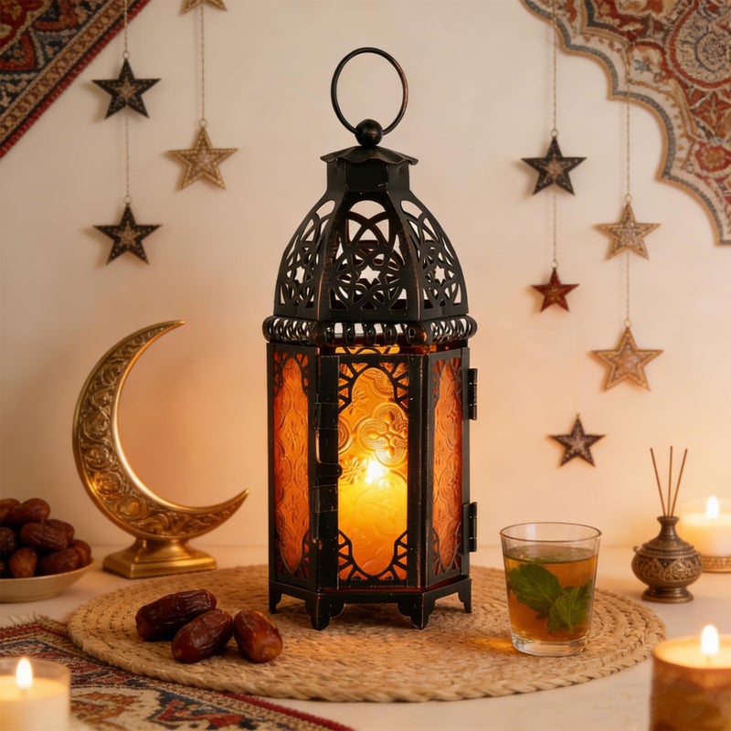 DECORKEY Moroccan Lanterns Decorative Indoor & Outdoor, 11â€™â€™ Medium Size Vintage Metal Hanging&Tabletop Candle Holder Decor, Halloween Christmas Ramadan Decorations for Home Porch Patio (Amber) - Image 3