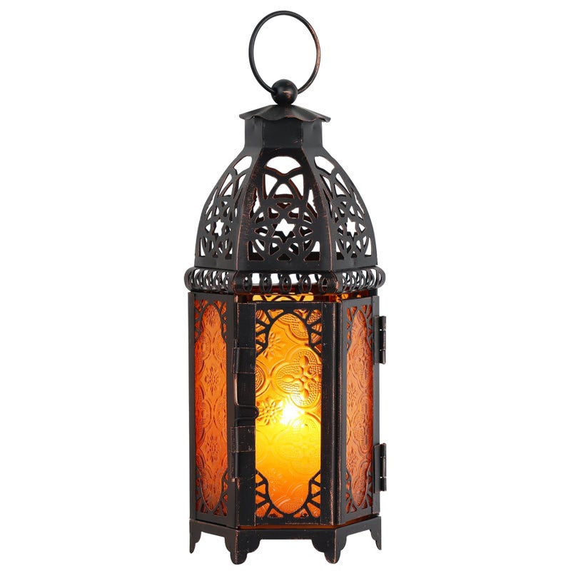 DECORKEY Moroccan Lanterns Decorative Indoor & Outdoor, 11â€™â€™ Medium Size Vintage Metal Hanging&Tabletop Candle Holder Decor, Halloween Christmas Ramadan Decorations for Home Porch Patio (Amber) - Image 1