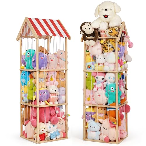 Edudif Stuffed Animal Storage Space Saving Vertical Stuffed Animal Holder Wood Easy Assembly CottageStyle Plush Toys Organizer for Kids Bedroom Playroom Wood Large - Image 1