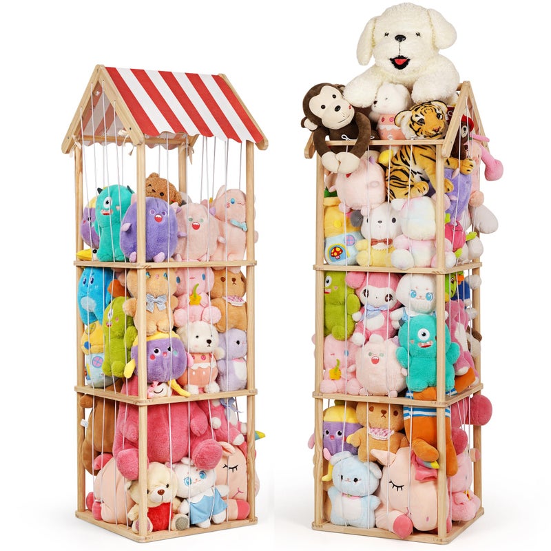 Edudif Stuffed Animal Storage Space Saving Vertical Stuffed Animal Holder Wood Easy Assembly CottageStyle Plush Toys Organizer for Kids Bedroom Playroom Wood Large - Image 2