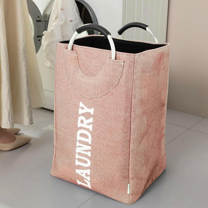 GOGO Laundry Basket Foldable Laundry Basket with Handle Large Capacity Dirty Clothes Basket Storage Bag Waterproof Home Laundry Organizer Hamp 32x25x50Cm - Pink - Image 3