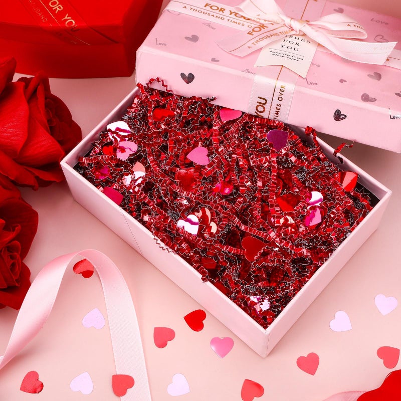 Jansun 115g/4oz Valentine's Day Crinkle Cut Paper, Metallic Red Paper Shred Filler with Red Pink Heart Confetti for Gift Wrapping Craft Gift Box Basket Filler Valentines Wedding Party Decorations - Image 3