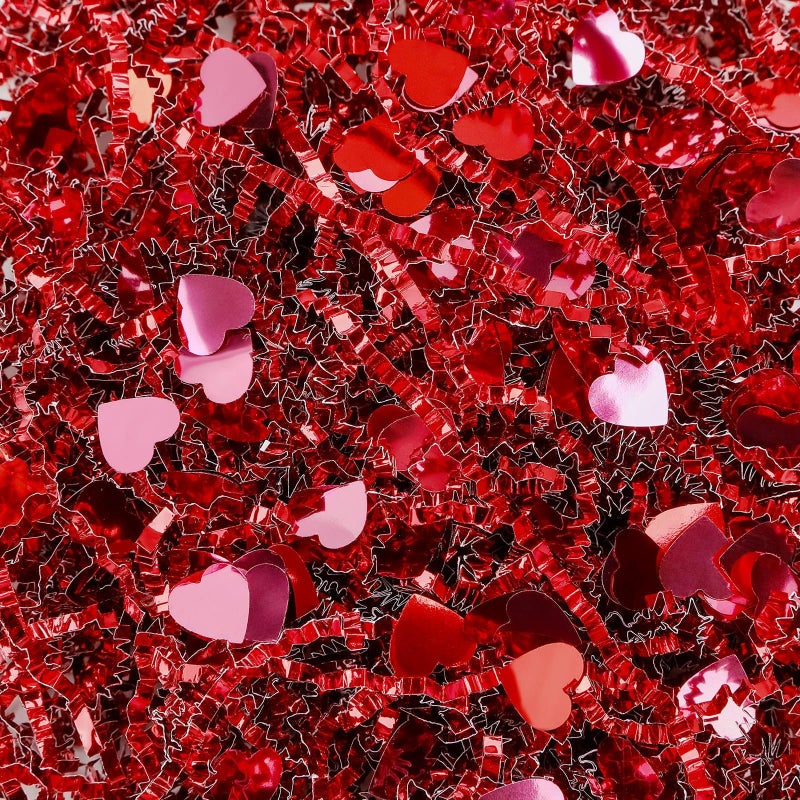 Jansun 115g/4oz Valentine's Day Crinkle Cut Paper, Metallic Red Paper Shred Filler with Red Pink Heart Confetti for Gift Wrapping Craft Gift Box Basket Filler Valentines Wedding Party Decorations - Image 1