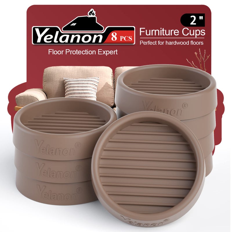 Yelanon Furniture Coasters - 8 Pcs 2â€Round Furniture Caster Cups - Non Slip Pads Hardwood Floors Non Skid Grippers Rubber Furniture Feet - Anti Slide Floor Protector for Bed Couch Stoppers Brown - Image 1