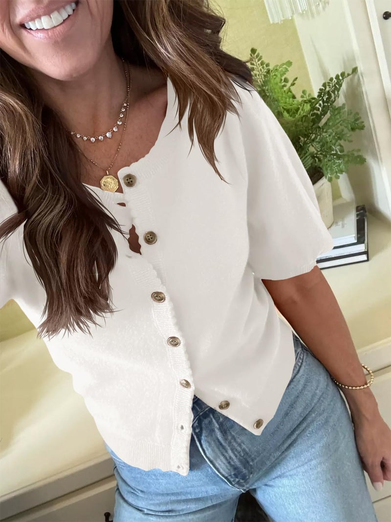Saodimallsu Womens Puff Short Sleeve Cardigan Lightweight Summer Button Down Shirts Knit Crew Neck Sweater Tops White - Image 3