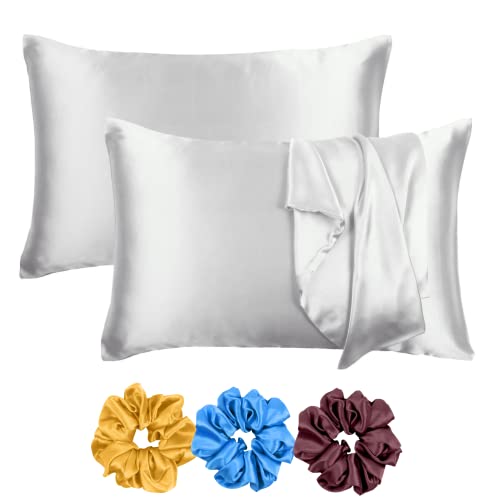 Riara Satin Silk Pillowcase Pillow Case Covers with Envelop Closure for Hair and Skin Home Bed Decor Set of 2 Pillowcase Free 3 Pc Scrunchie (Regular Size (18"x27"), Silver Gray) - Image 1