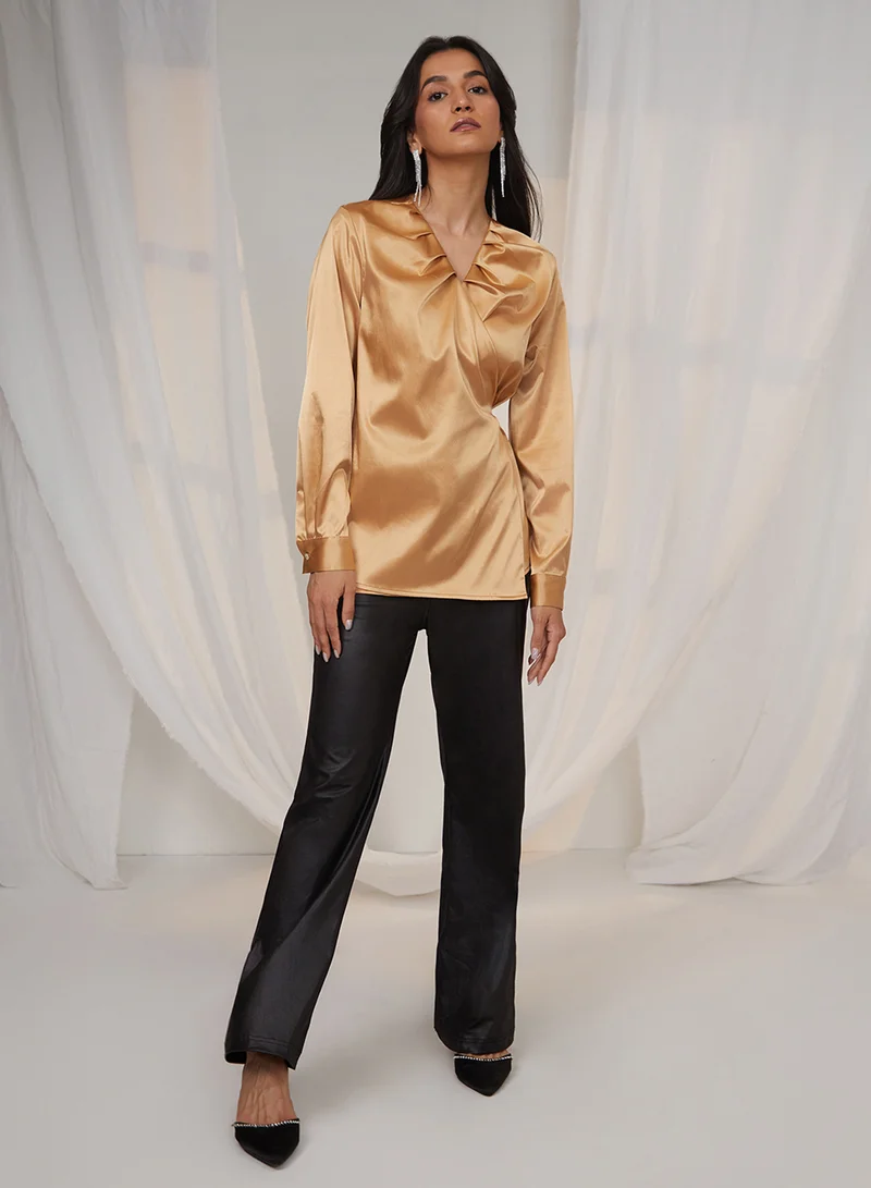 بينيا كولادا PINACOLADA Women's California Gold Satin Wrap Top For Casual Wear | V Neck | Long Sleeve | Tie-Up Closure | Top Designed With Comfortable Fit For Woman & Girls