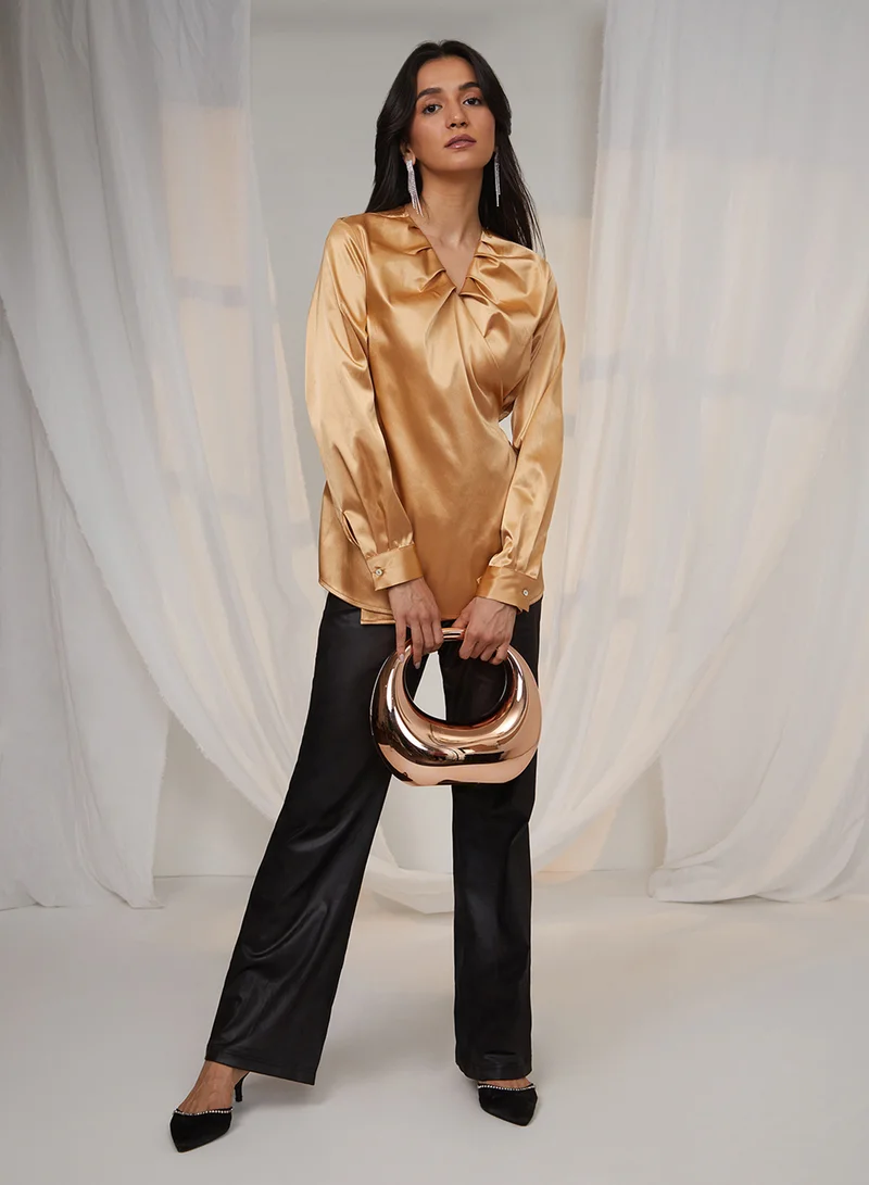 بينيا كولادا PINACOLADA Women's California Gold Satin Wrap Top For Casual Wear | V Neck | Long Sleeve | Tie-Up Closure | Top Designed With Comfortable Fit For Woman & Girls