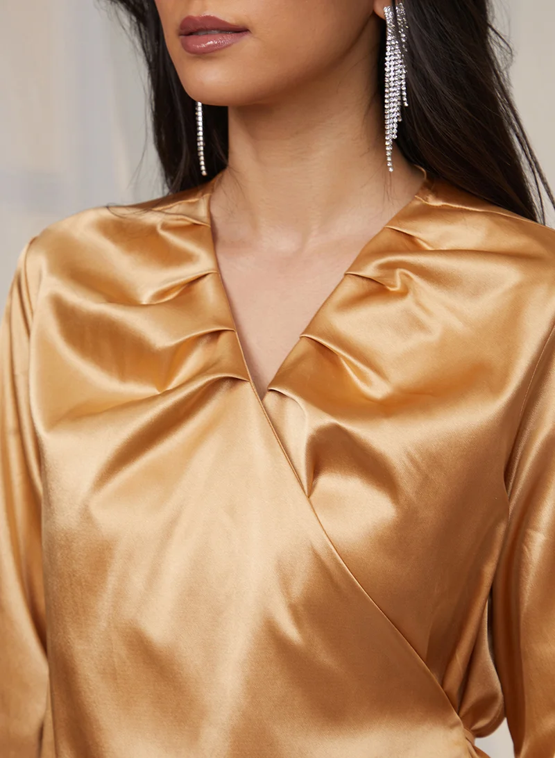 بينيا كولادا PINACOLADA Women's California Gold Satin Wrap Top For Casual Wear | V Neck | Long Sleeve | Tie-Up Closure | Top Designed With Comfortable Fit For Woman & Girls
