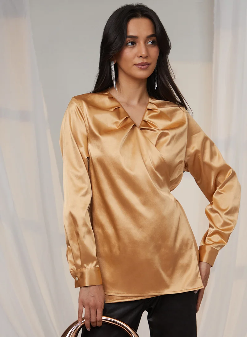 بينيا كولادا PINACOLADA Women's California Gold Satin Wrap Top For Casual Wear | V Neck | Long Sleeve | Tie-Up Closure | Top Designed With Comfortable Fit For Woman & Girls