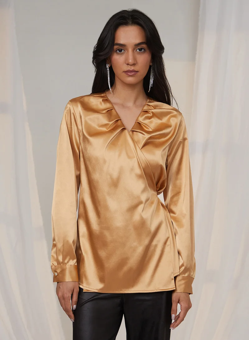 بينيا كولادا PINACOLADA Women's California Gold Satin Wrap Top For Casual Wear | V Neck | Long Sleeve | Tie-Up Closure | Top Designed With Comfortable Fit For Woman & Girls