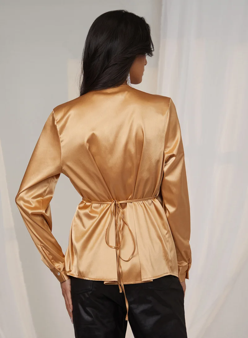 بينيا كولادا PINACOLADA Women's California Gold Satin Wrap Top For Casual Wear | V Neck | Long Sleeve | Tie-Up Closure | Top Designed With Comfortable Fit For Woman & Girls