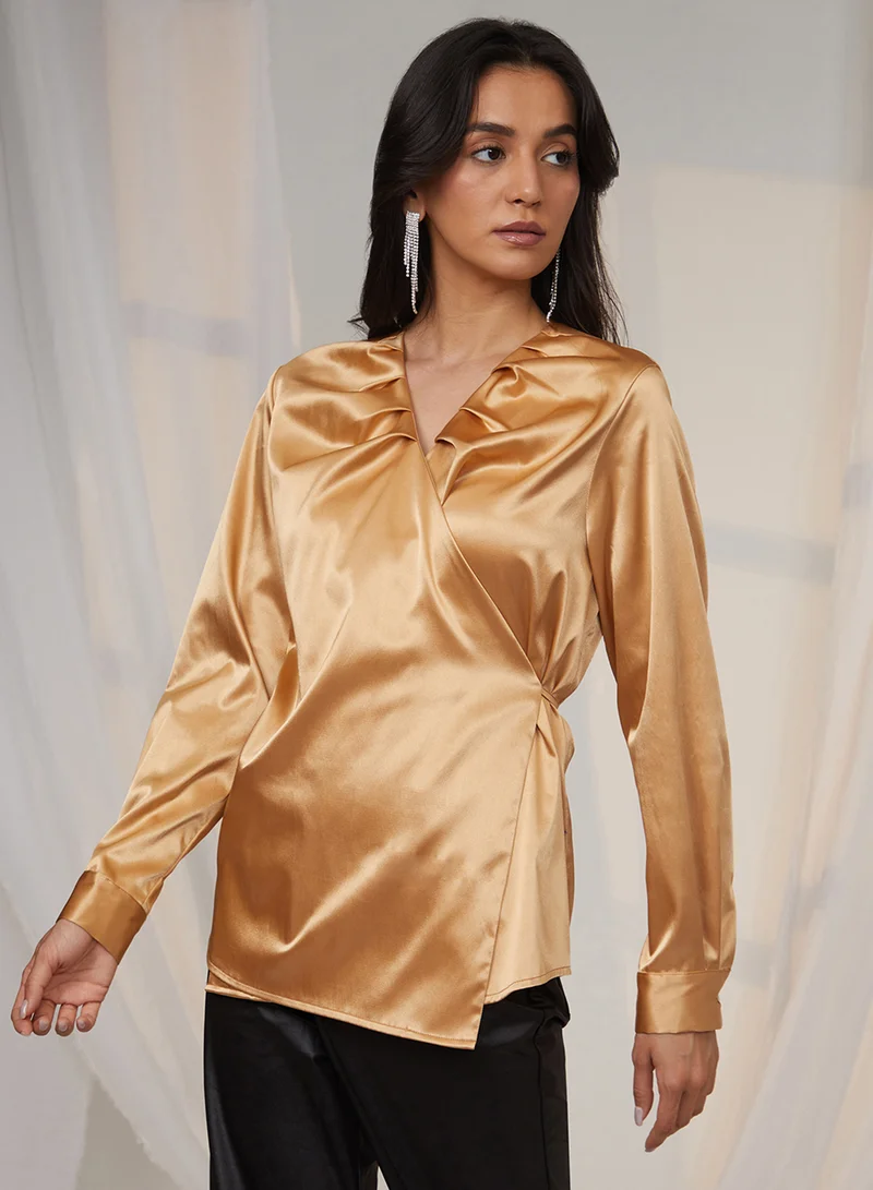 بينيا كولادا PINACOLADA Women's California Gold Satin Wrap Top For Casual Wear | V Neck | Long Sleeve | Tie-Up Closure | Top Designed With Comfortable Fit For Woman & Girls