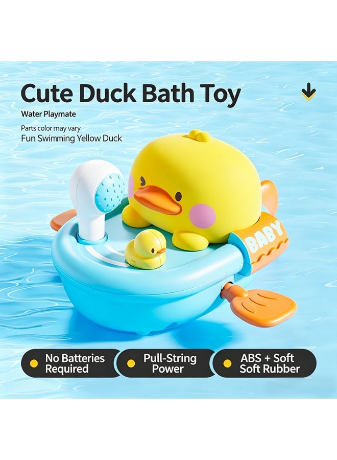 Pull String Wind-Up Yellow Duck Bath Boat Toy, No Battery Baby Water Floating Spraying Toy - Image 3
