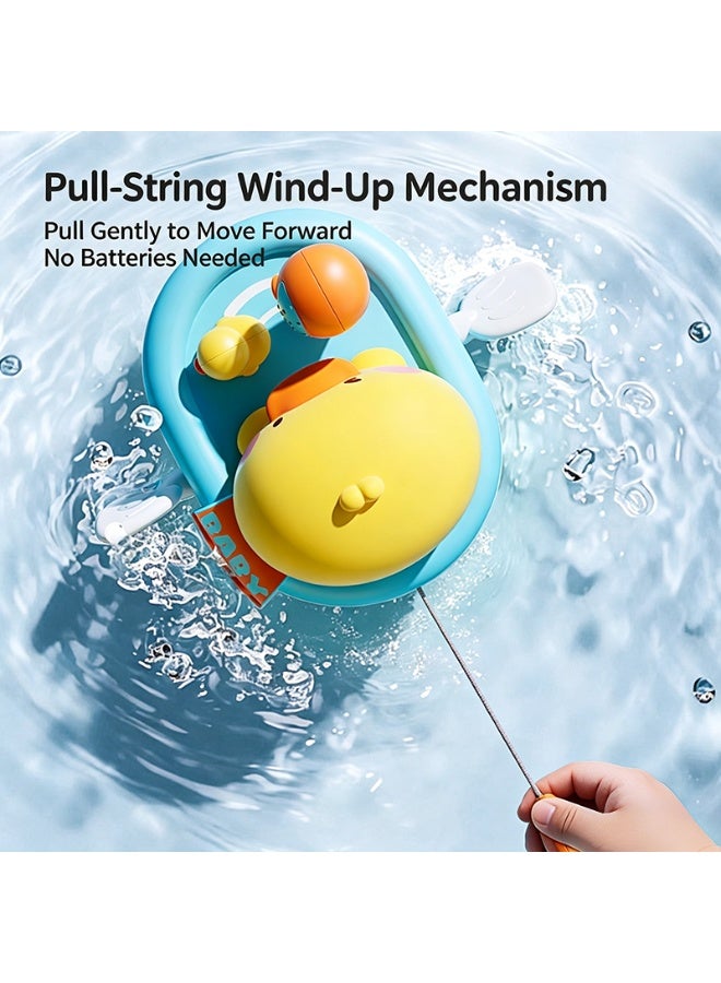 Pull String Wind-Up Yellow Duck Bath Boat Toy, No Battery Baby Water Floating Spraying Toy - Image 2
