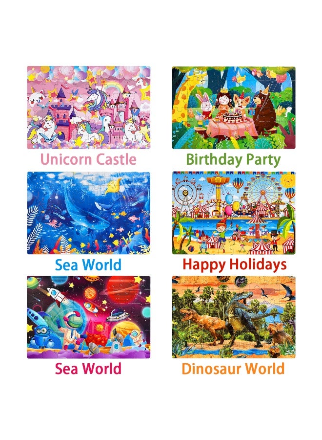 48-piece puzzle in 1 box, including 4 combinations of unicorn, dinosaur, ocean, and jungle party puzzles, brightly colored, Montessori-style puzzles designed for children. - Image 1