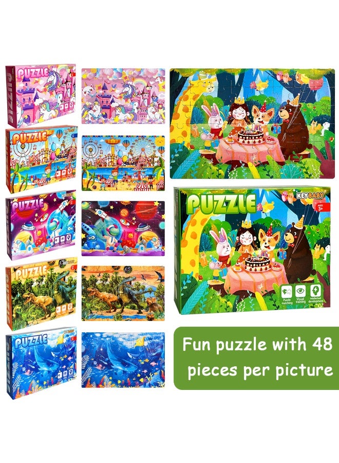 48-piece puzzle in 1 box, including 4 combinations of unicorn, dinosaur, ocean, and jungle party puzzles, brightly colored, Montessori-style puzzles designed for children. - Image 4
