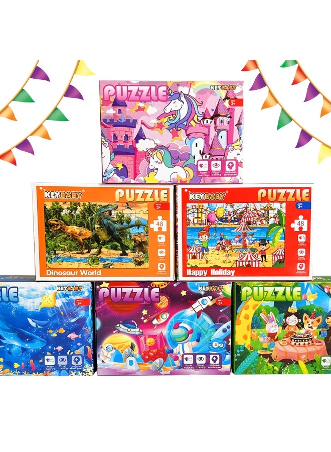 48-piece puzzle in 1 box, including 4 combinations of unicorn, dinosaur, ocean, and jungle party puzzles, brightly colored, Montessori-style puzzles designed for children. - Image 2