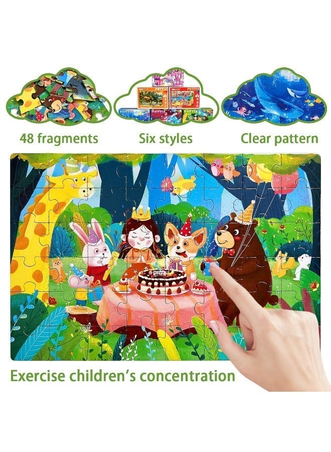 48-piece puzzle in 1 box, including 4 combinations of unicorn, dinosaur, ocean, and jungle party puzzles, brightly colored, Montessori-style puzzles designed for children. - Image 4