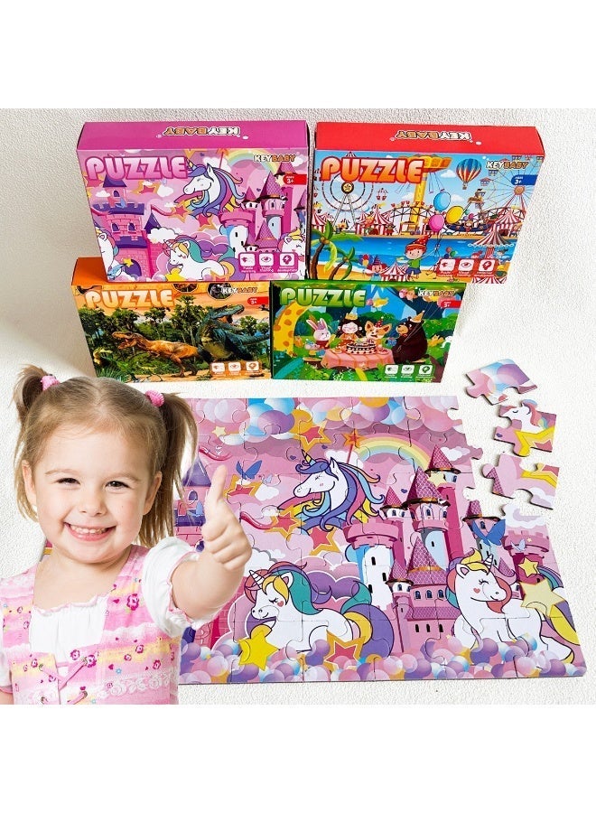 48-piece puzzle in 1 box, including 4 combinations of unicorn, dinosaur, ocean, and jungle party puzzles, brightly colored, Montessori-style puzzles designed for children. - Image 1