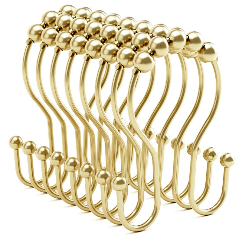 Bathway Gold Shower Curtain Hooks Shower Curtain Hook Shower Curtain Rings Rust Proof Smooth Double Shower Curtain Hooks Shower Hooks for Shower Curtain Bathroom Shower Rod Hook 12 Pcs