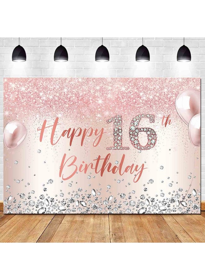 HQM Rose Gold Pink Sparkling Siamonds Sweet 16Th Girl Photography Background 7X5Ft Fabric Princess Girl Sweet 16 Birhtday Photo Backdrops Girl Happy Birthday Party Decor Banner Supplies - Image 1