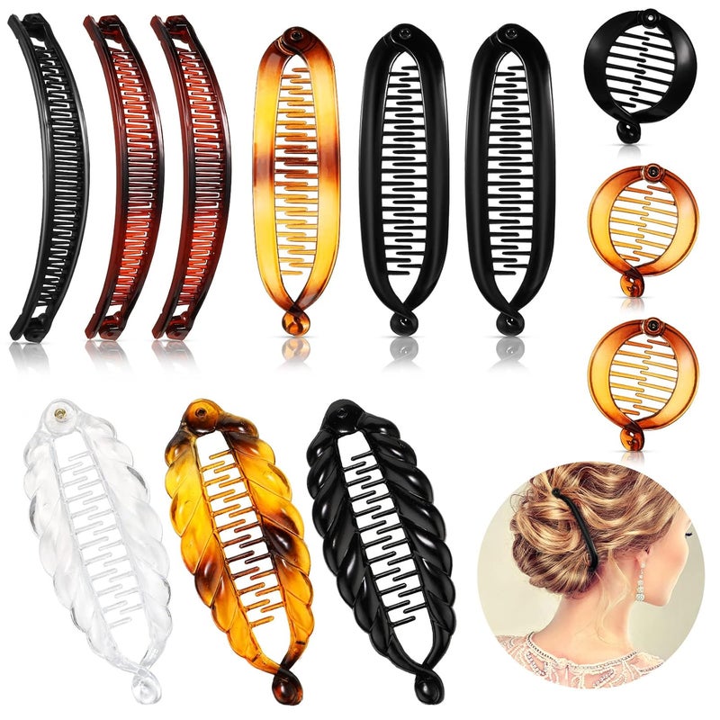 Chuangdi 12 Pcs Banana Hair Clips for Women Classic Clincher Double Combs Large Fishtail Hair Clip Banana Ponytail Holder 4 StylesBlack Tortoiseshell Color