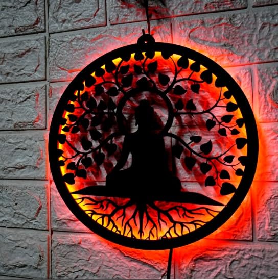 Wall Mitra Gautam Buddha MDF Wood Backlit Wall Art With White LED For Living Room Buddha Wall Decor Wall Art For Home Decorations red - Image 3