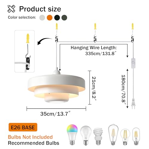 DoungRos Hanging Lamp Plug in White Pendant Light Fixtures Mid Century Modern Pendant Lamp Nordic Style Pendant Lighting Metal Shade for Living Room Dining Room Bedroom Kitchen Island - Image 5