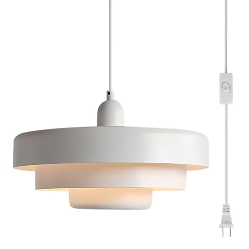 DoungRos Hanging Lamp Plug in White Pendant Light Fixtures Mid Century Modern Pendant Lamp Nordic Style Pendant Lighting Metal Shade for Living Room Dining Room Bedroom Kitchen Island - Image 1
