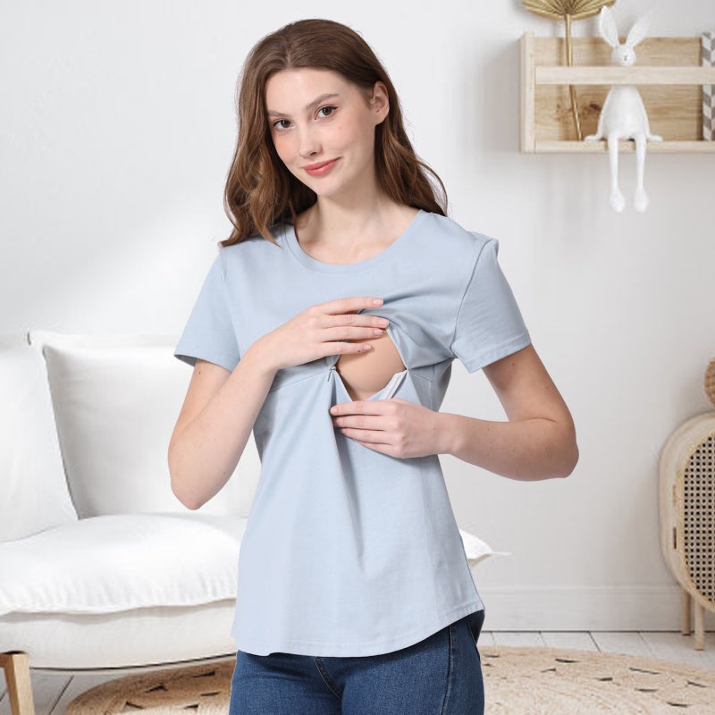 Summer Hot Mom Pregnant Womens Short-sleeved T-shirt Pure Cotton Zipper Breastfeeding Clothes Home Base Shirt European and American plus size for in stock Rouge  - Image 5