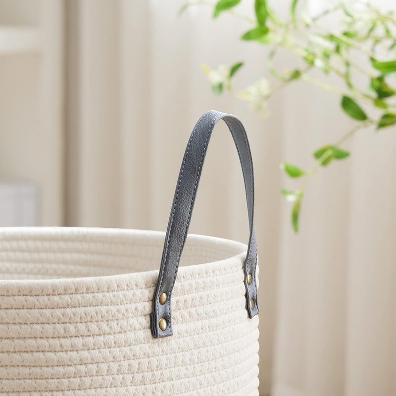 VIPOSCO Tall Laundry Basket, Large Dirty Clothes Hamper with Leather Handle, Woven Rope Storage Basket for Blanket, Toy In Living Room, Bathroom, Bedroom - 72L Grey & White - Image 3