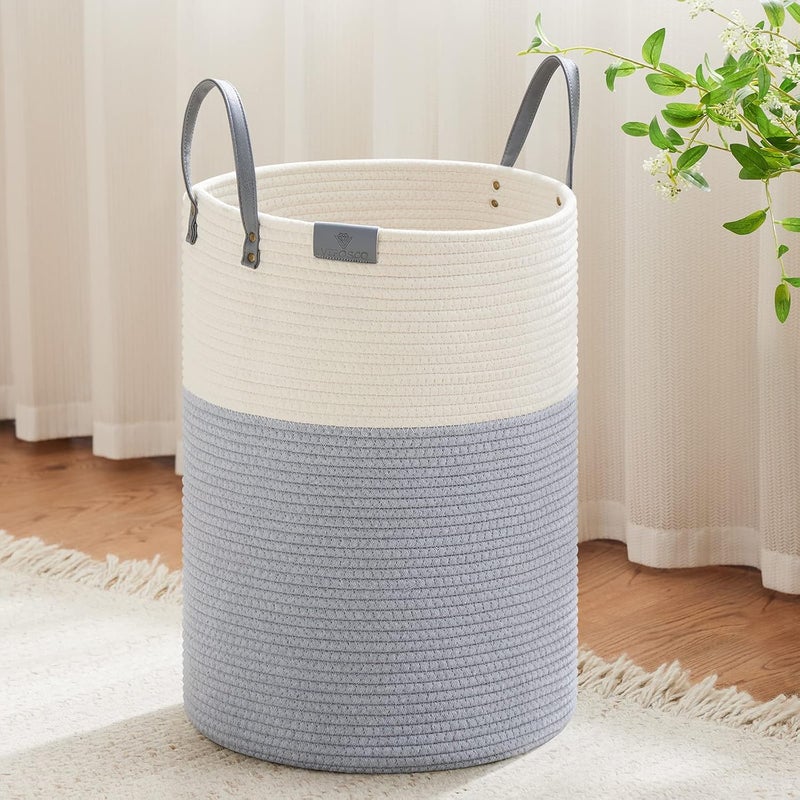 VIPOSCO Tall Laundry Basket, Large Dirty Clothes Hamper with Leather Handle, Woven Rope Storage Basket for Blanket, Toy In Living Room, Bathroom, Bedroom - 72L Grey & White - Image 1